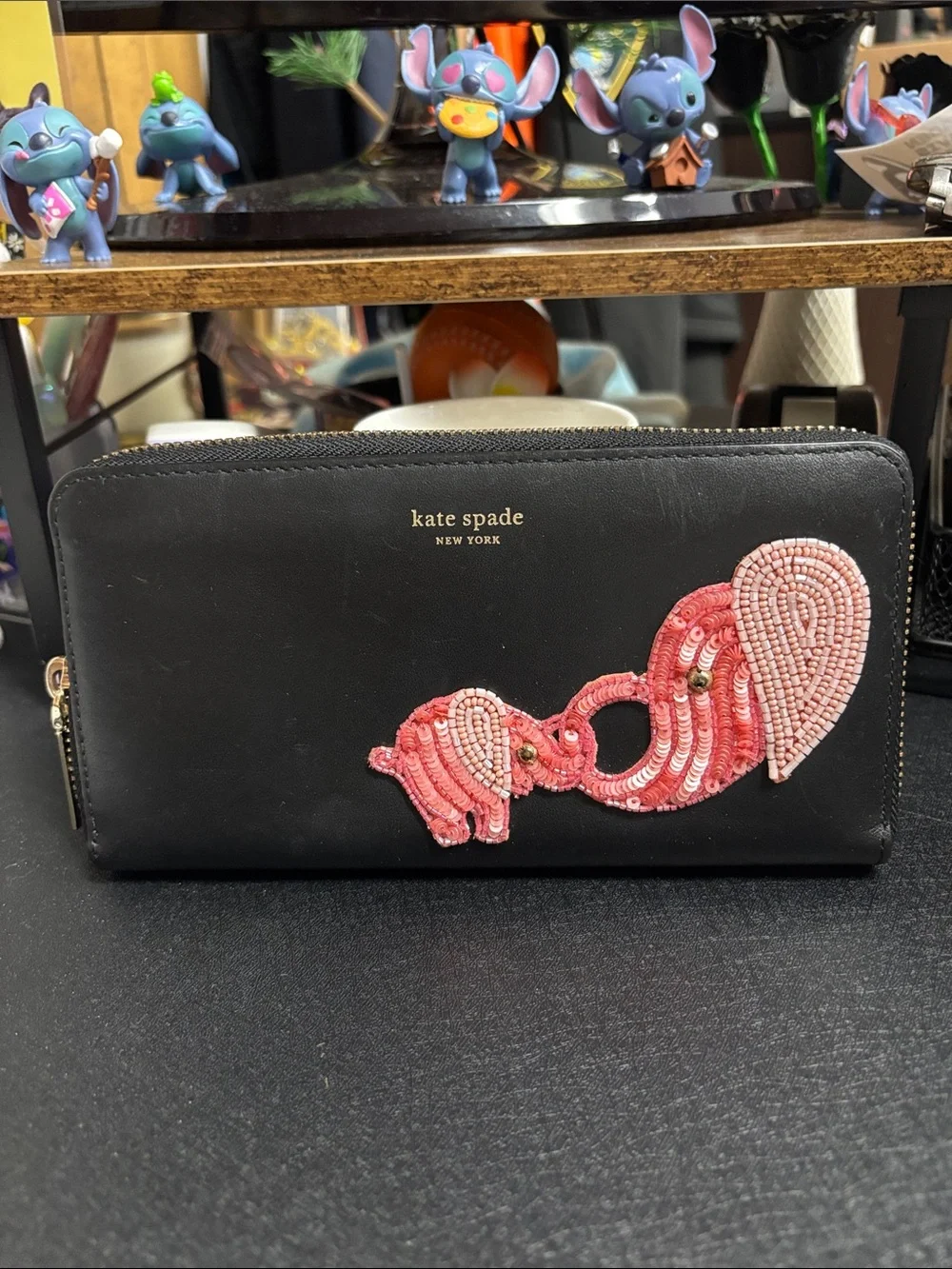 kate spade Black Wallet with Pink Beaded Elephant